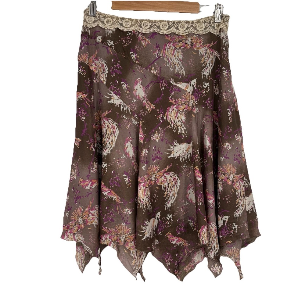 Y2K Donna‎ Karan Womens Silk Bird Print Midi Dress 8 Lace Handkerchief Hem Fairy